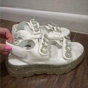 Jeffrey Campbell White Platform Sandals with Rhinestone Accents